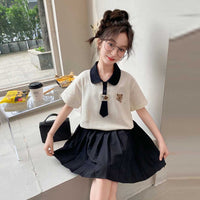 Girls Short Sleeve Polo T-Shirt With Pleated Skirt Set Sets Black 6-7 Y 