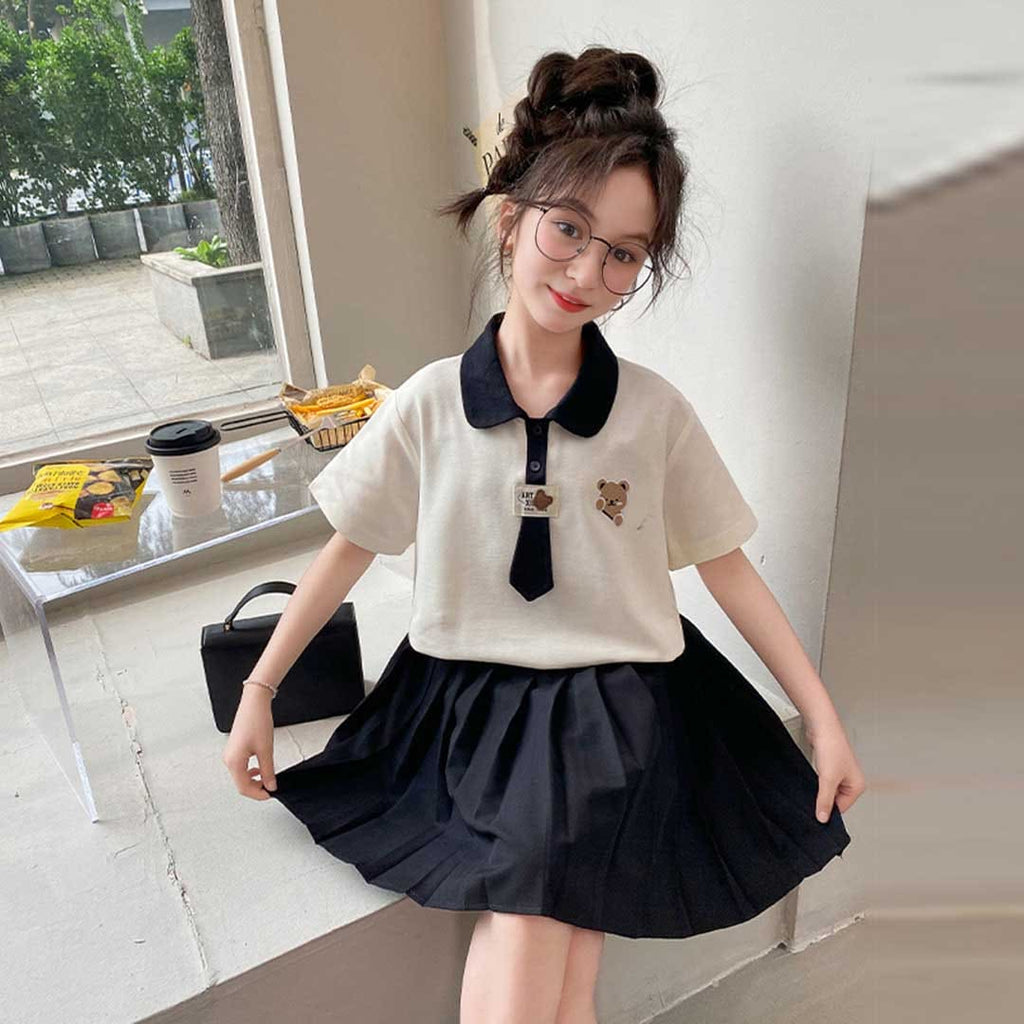 Girls Short Sleeve Polo T-Shirt With Pleated Skirt Set