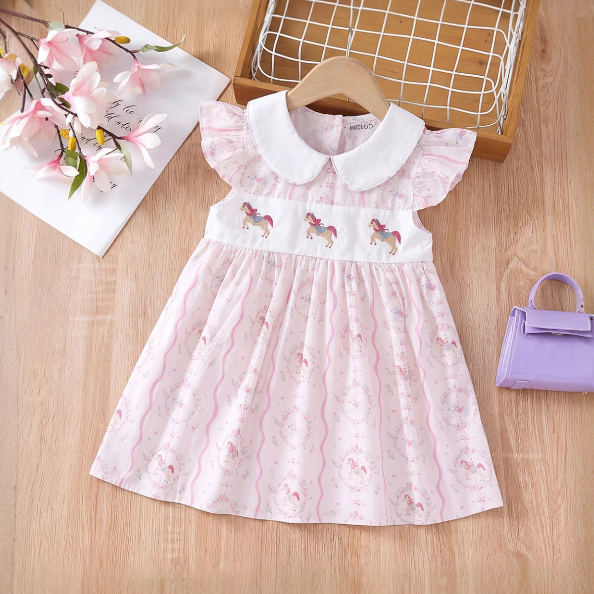 Girls Light Pink Horse Print Flutter Sleeve A-Line Dress Casual Dresses Light Pink 1-2 Y
