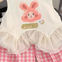Girls Pink Rabbit Printed Sleeveless Top With Checked Crop Pants Set Sets