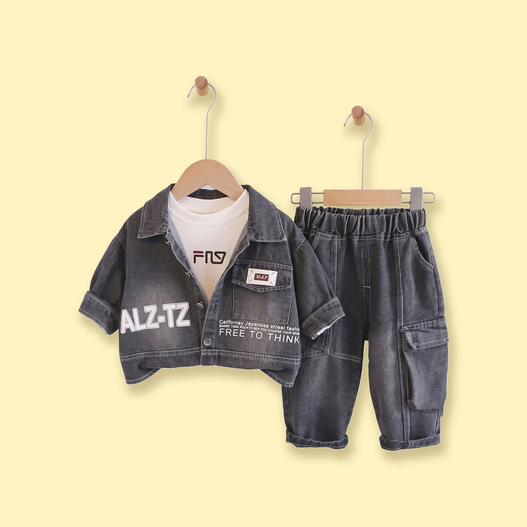 Boys Dark Grey Denim Shacket & Cargo Pants With T-Shirt Sets Sets Dark Grey 1-2 Y