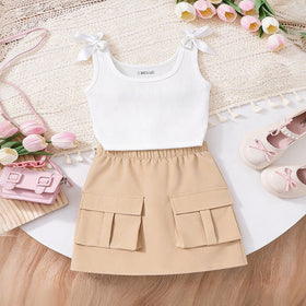 Girls White Ribbed Tank Top With Cargo Skirt Sets Sets White 7-8 Y