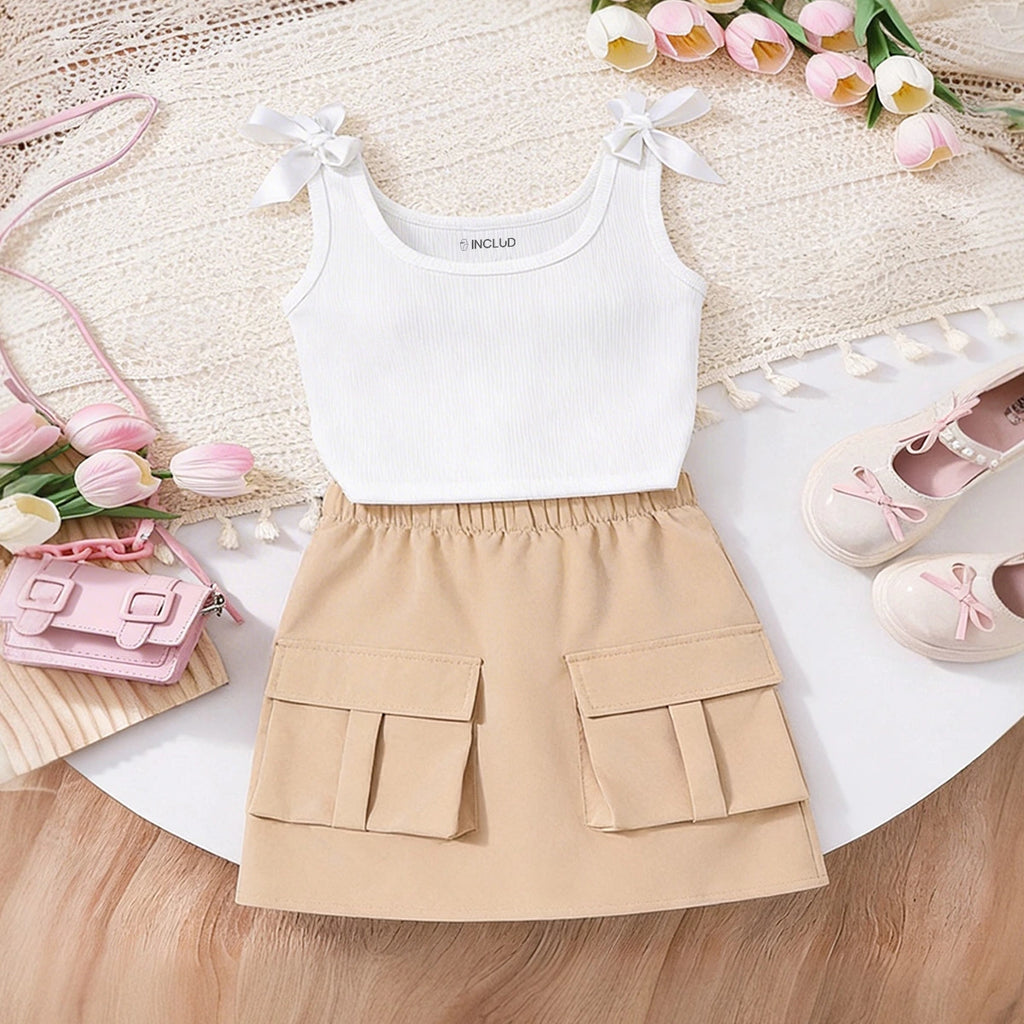 Girls White Ribbed Tank Top With Cargo Skirt Sets Sets White 7-8 Y