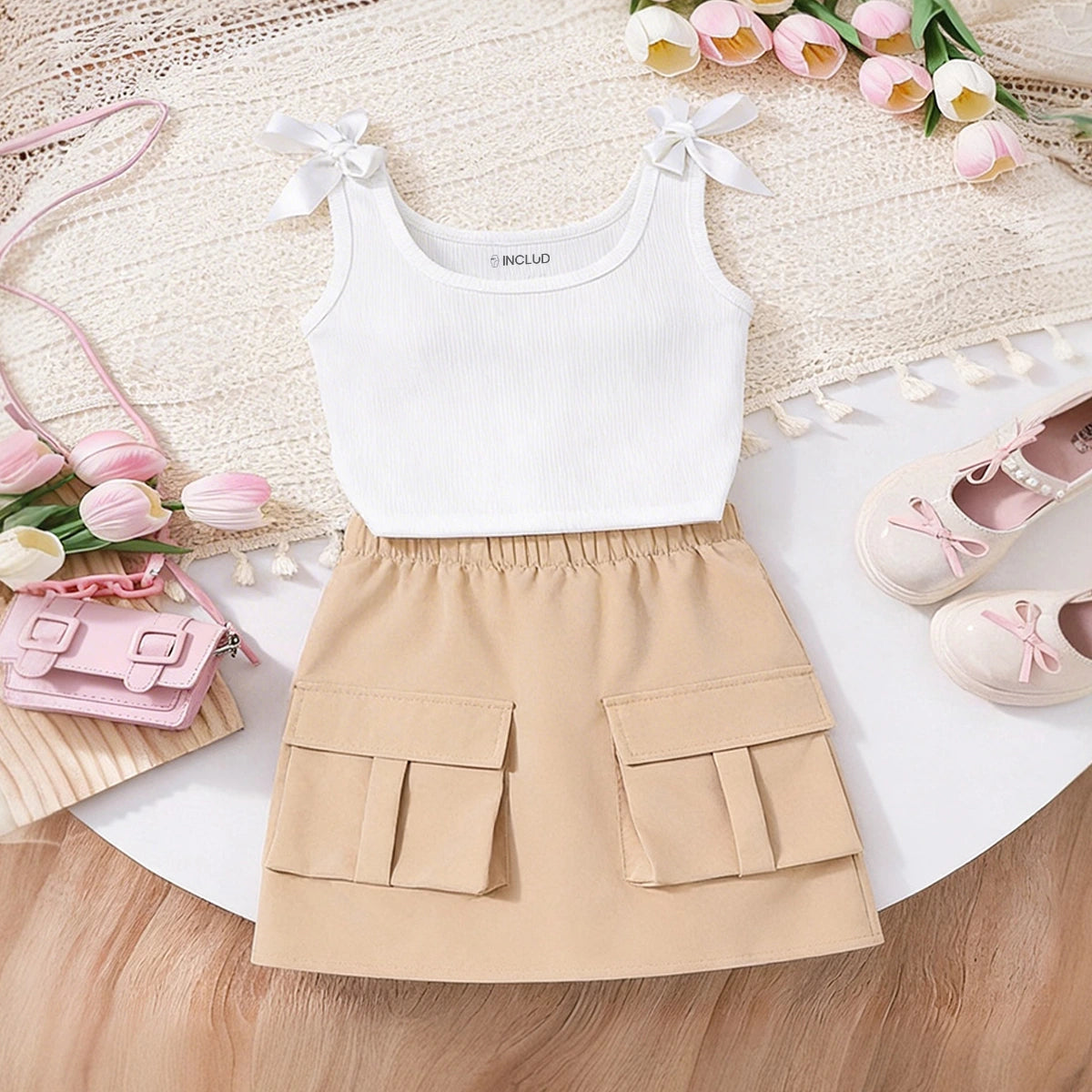 Girls White Ribbed Tank Top With Cargo Skirt Sets Sets White 7-8 Y