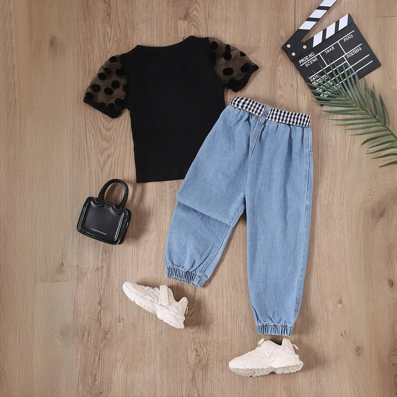 Girls Black Polka Dot Print Sheer Puff Sleeves Top With Distress Denim Sets Sets