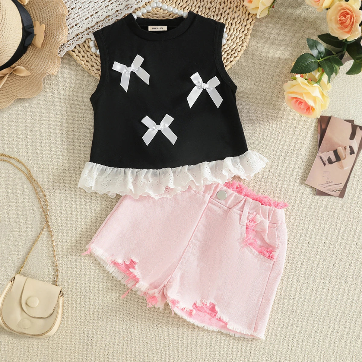 Girls Bow Applique Sleeveless Top With Pink Shorts Set Sets Pink 2-3 Y