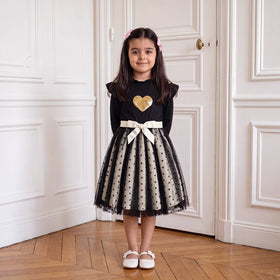 Girls Black Heart Print Long Sleeve Fit & Flare Dress Casual Dresses Black 3-4 Y