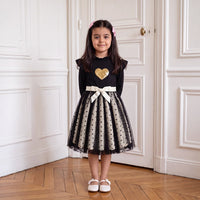Girls Black Heart Print Long Sleeve Fit & Flare Dress Casual Dresses Black 3-4 Y