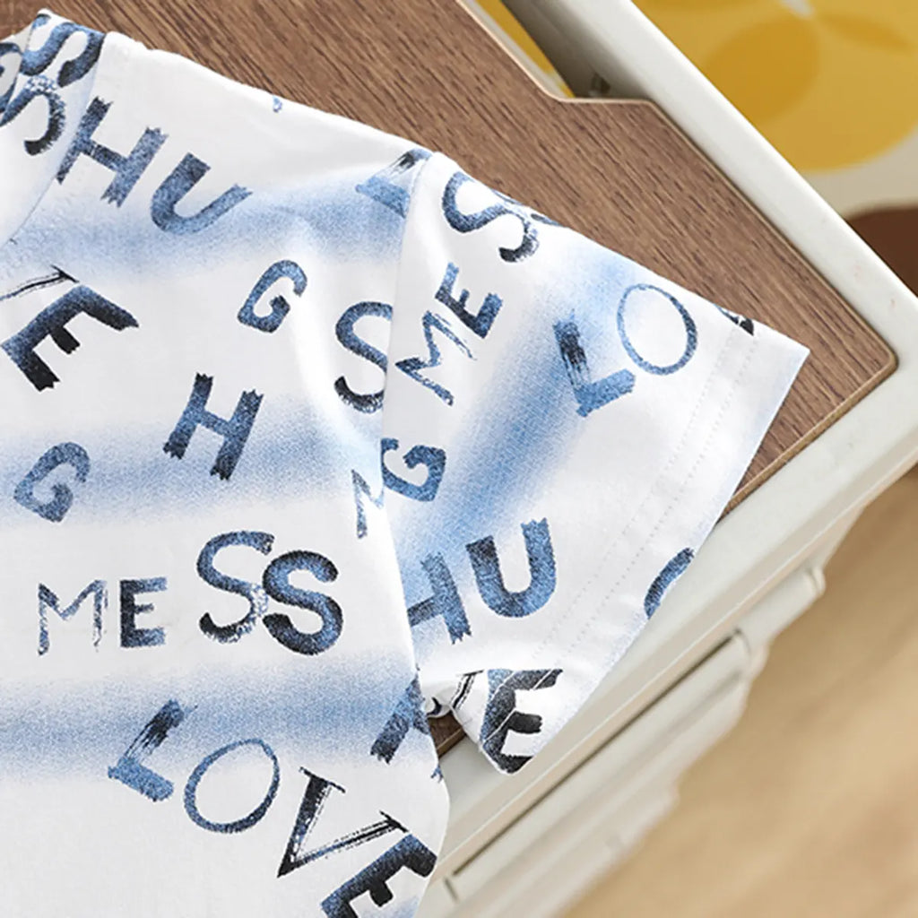 Boys Blue Typographic Print T-Shirt With Denim Shorts Set Sets