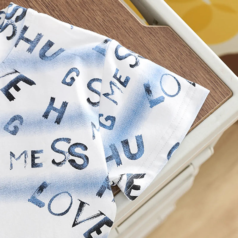 Boys Blue Typographic Print T-Shirt With Denim Shorts Set Sets