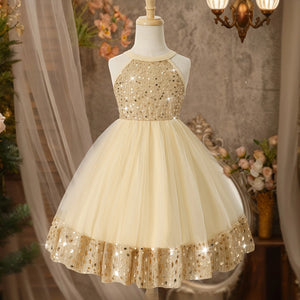 Girls Beige Sequin Embellished Sleeveless Fit & Flare Dress Casual Dresses Beige 3-4 Y