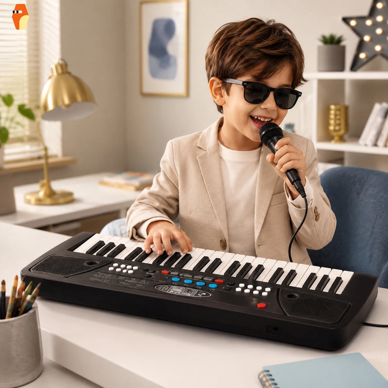 Young boy playing a black 37-key electronic piano keyboard with an attached microphone