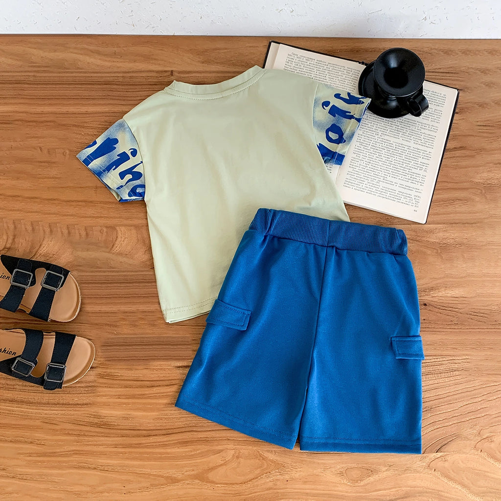 Boys Blue Abstract Print Short Sleeves T-Shirt With Cargo Shorts Set Sets