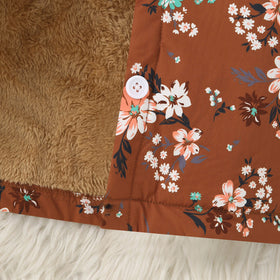 Girls Brown Floral Printed Hooded Front Open Winter Jacket Coats & Jackets