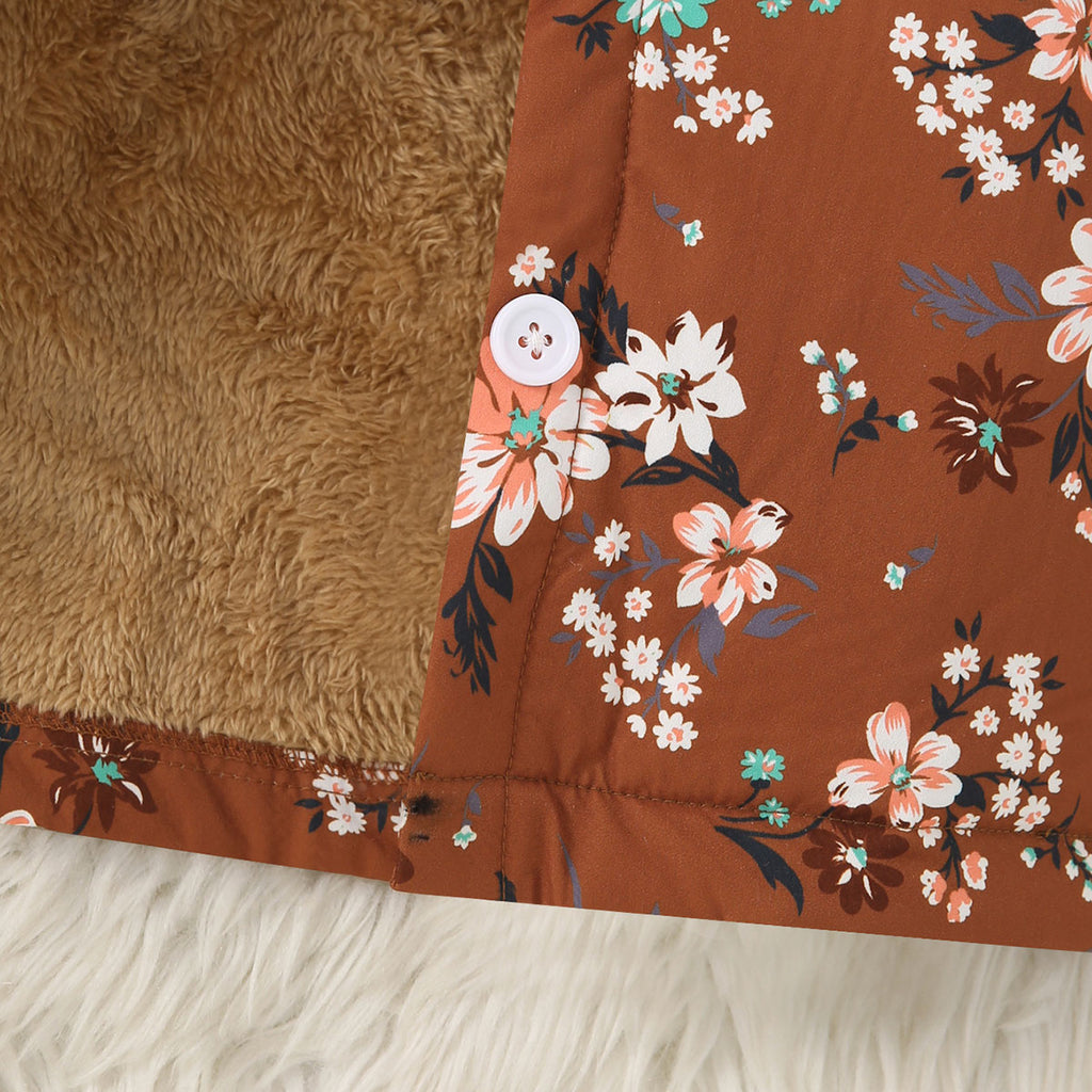 Girls Brown Floral Printed Hooded Front Open Winter Jacket Coats & Jackets