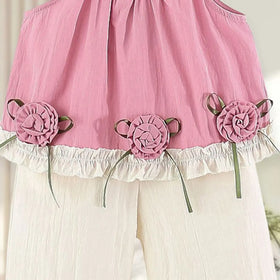 Girls Pink Rose Applique Sleeveless Top With Pants Sets Sets