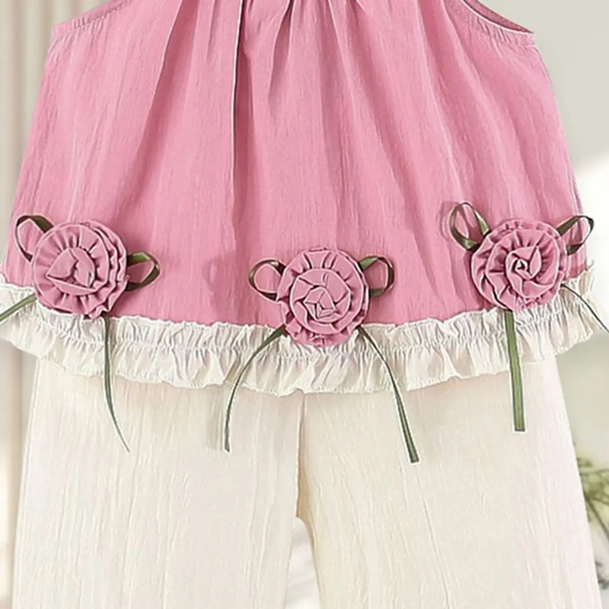 Girls Pink Rose Applique Sleeveless Top With Pants Sets Sets