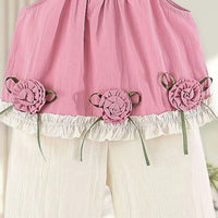 Girls Pink Rose Applique Sleeveless Top With Pants Sets Sets