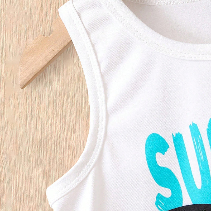 Boys White Vest With Tropical Printed Hat And Shorts Set Sets