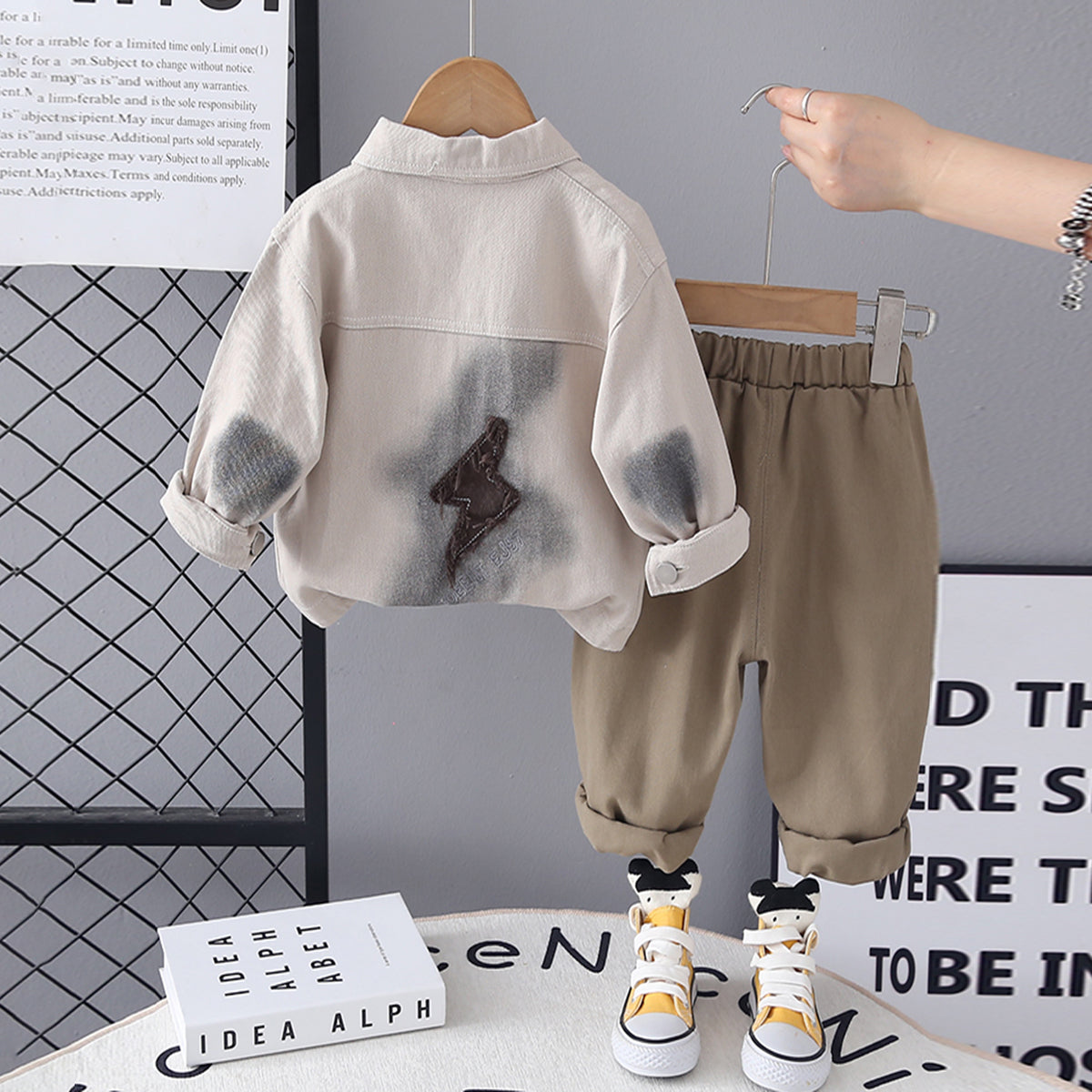 Boys Beige Solid Shacket With Printed T-Shirt & Pants Set Sets