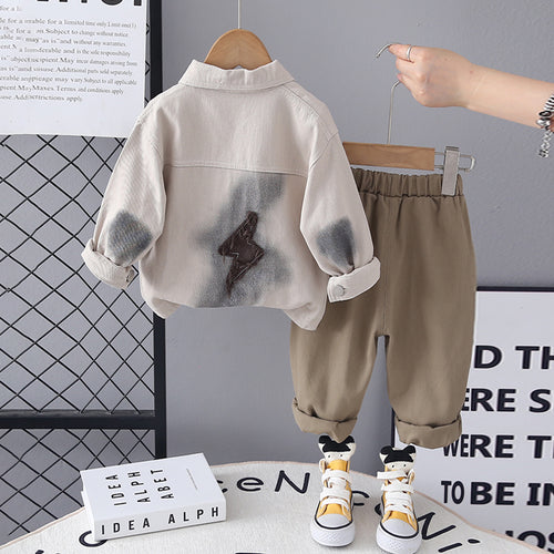 Boys Beige Solid Shacket With Printed T-Shirt & Pants Set Sets