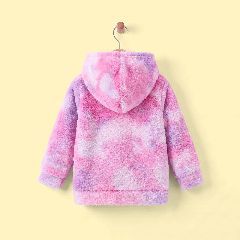 Girls Pink Self-Design Tie-Dye Pattern Hooded Fleece Sweatshirt Sweatshirts & Hoodies