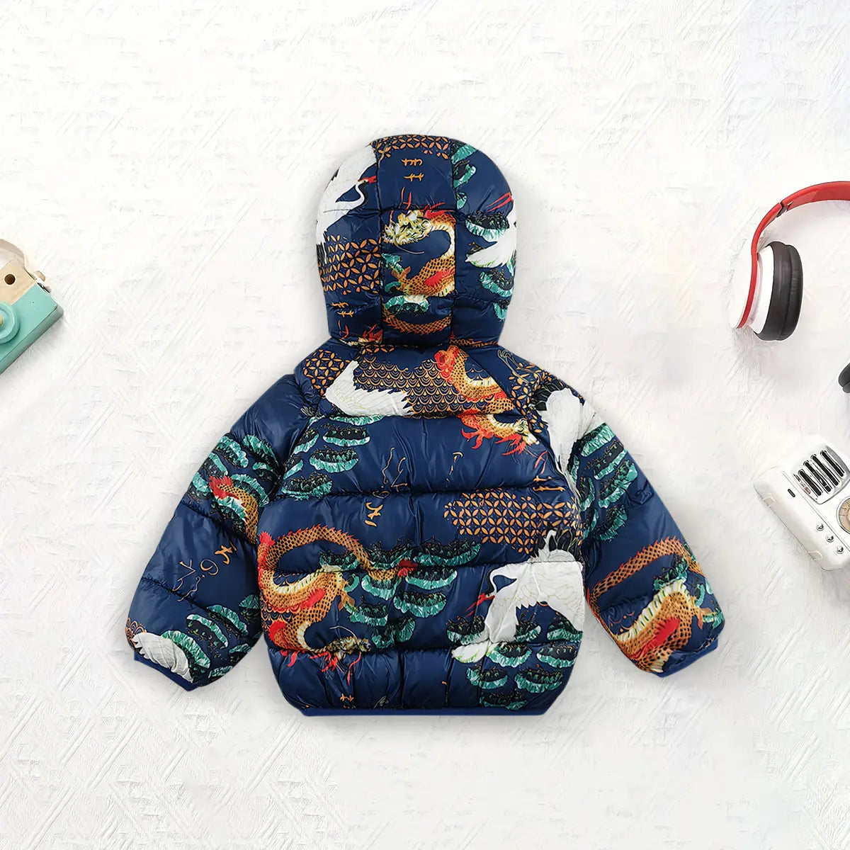 Boys Navy Blue Dragon Printed Hooded Zip-up Jacket Coats & Jackets