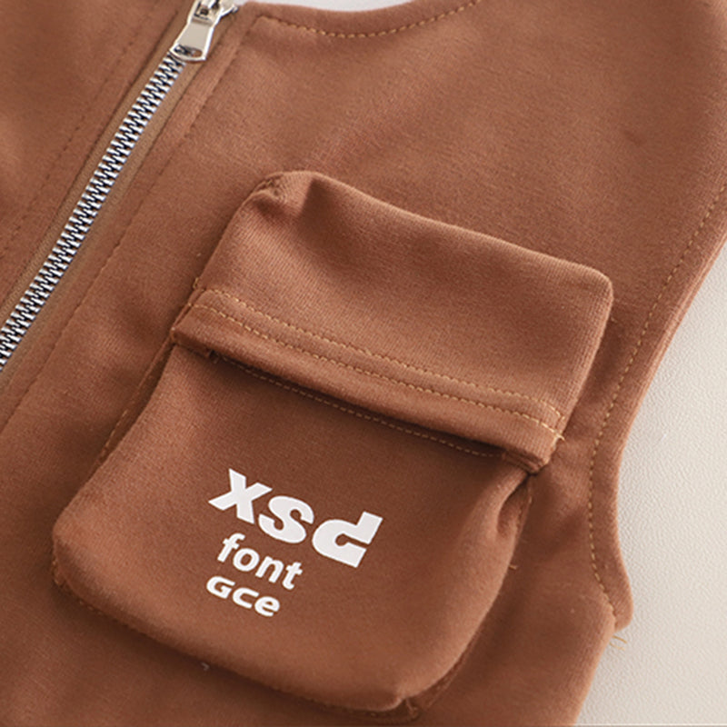 Boys Brown Typographic Printed Hooded Sweatshirt With Sleeveless Jacket & Joggers Set Sets