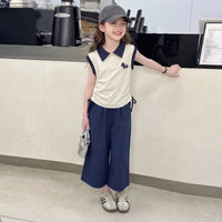 Girls Sleeveless Polo Top With Navy Blue Pants Sets 2 pc. Sets Navy Blue 1-2 Y
