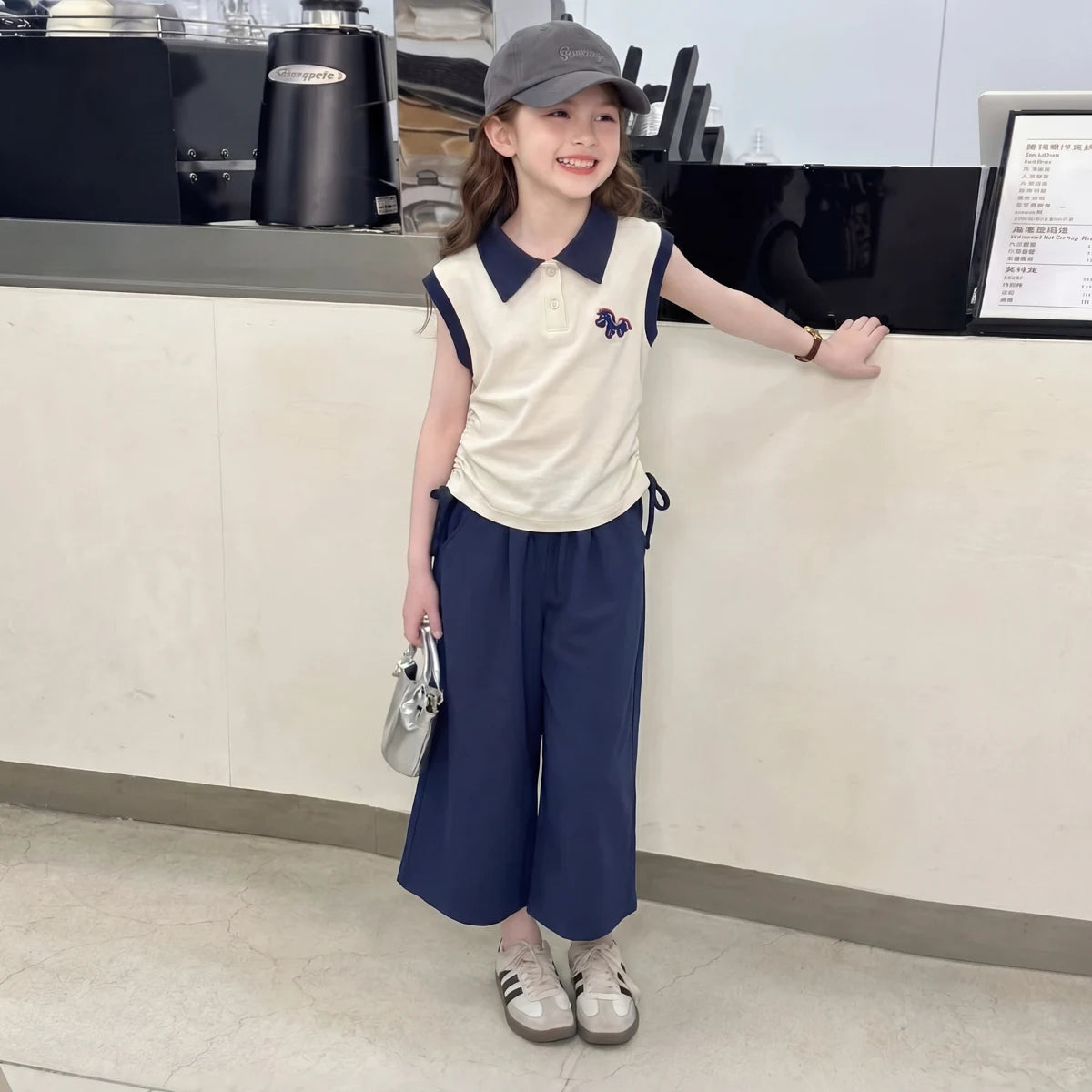 Girls Sleeveless Polo Top With Navy Blue Pants Sets 2 pc. Sets Navy Blue 1-2 Y