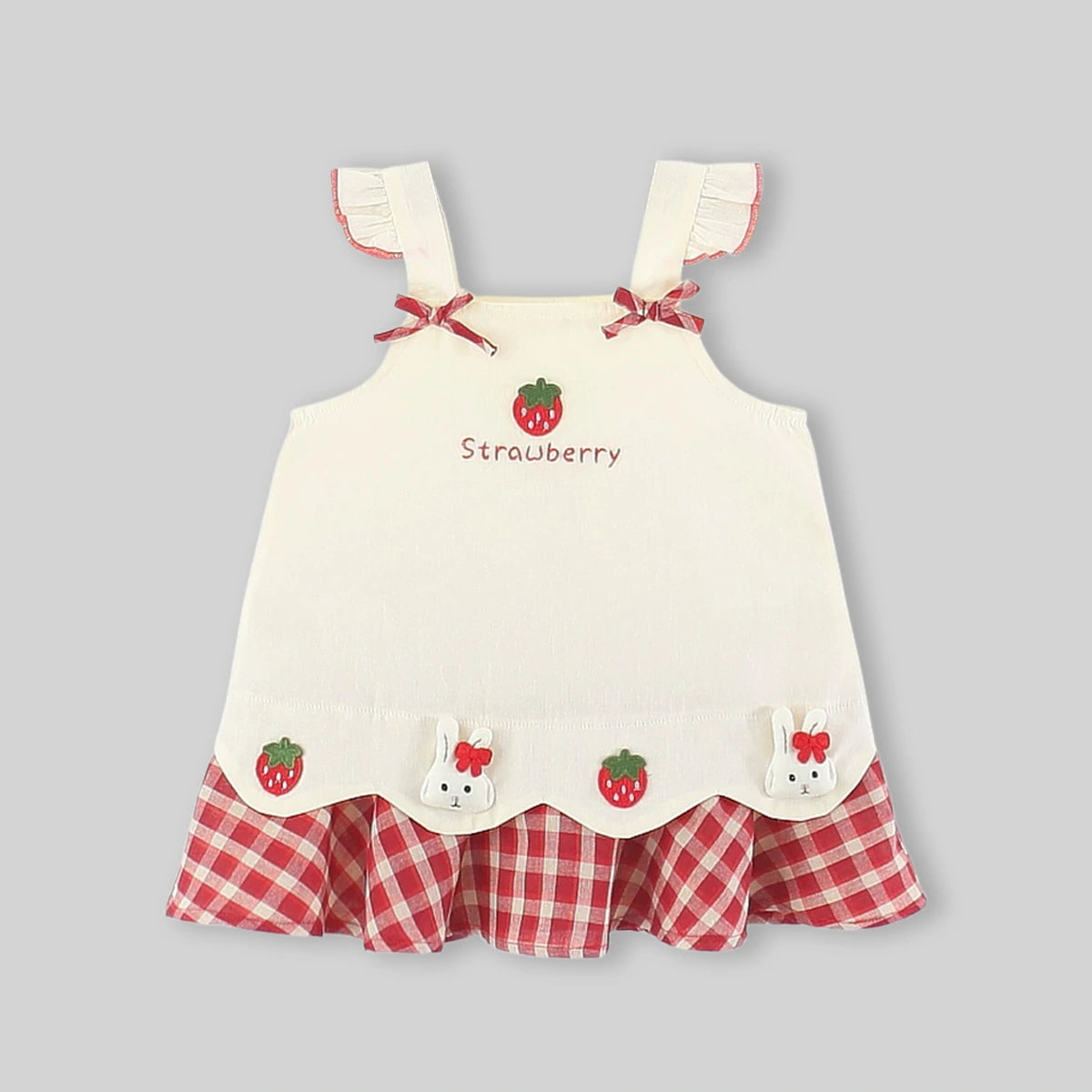 Girls Off White Strawberry Embroidered Sleeveless A-line Dress Casual Dresses