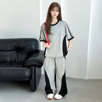 Girls Grey Colour-blocked Short Sleeves T-Shirt With Wide-Leg Joggers Sets Sets Grey 5-6 Y
