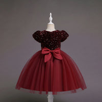 Girls Maroon Puff Sleeve Sequins Embellished Fit & Flare Party Wear Dress Party Dresses