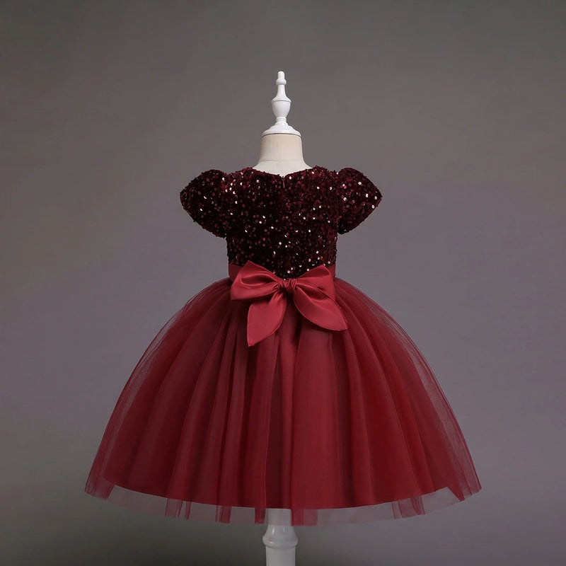 Girls Maroon Puff Sleeve Sequins Embellished Fit & Flare Party Wear Dress Party Dresses