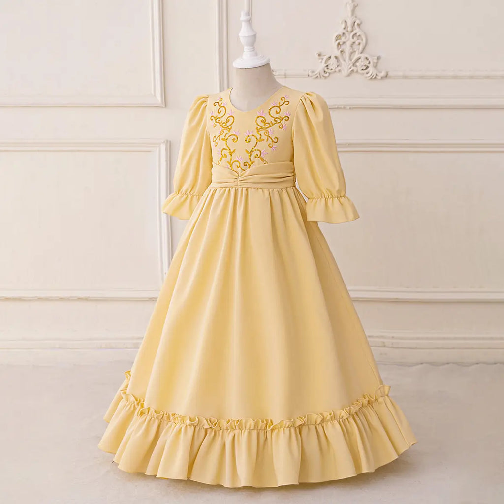 Girls Yellow Embroidered Fit & Flare Maxi Dress With Puff Sleeeves Casual Dresses