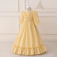 Girls Yellow Embroidered Fit & Flare Maxi Dress With Puff Sleeeves Casual Dresses