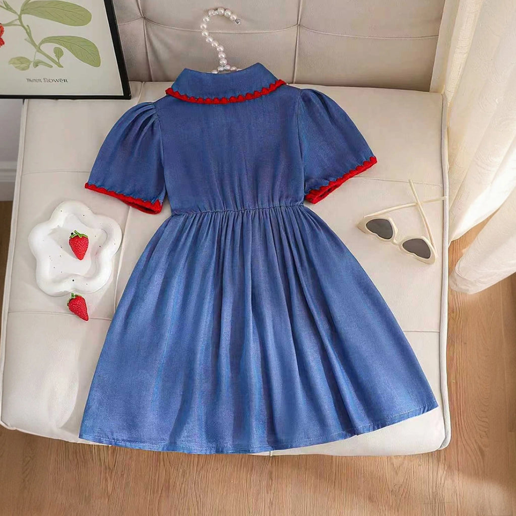 Girls Blue Strawberry Applique Puff Sleeve A-Line Dress Casual Dresses
