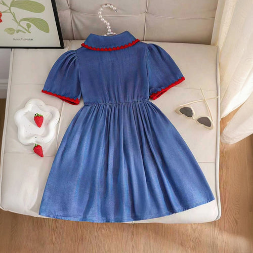 Girls Blue Strawberry Applique Puff Sleeve A-Line Dress Casual Dresses