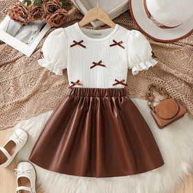 Girls White Textured Bow Applique Top With Faux Leather Skirts Set Sets White 3-4 Y