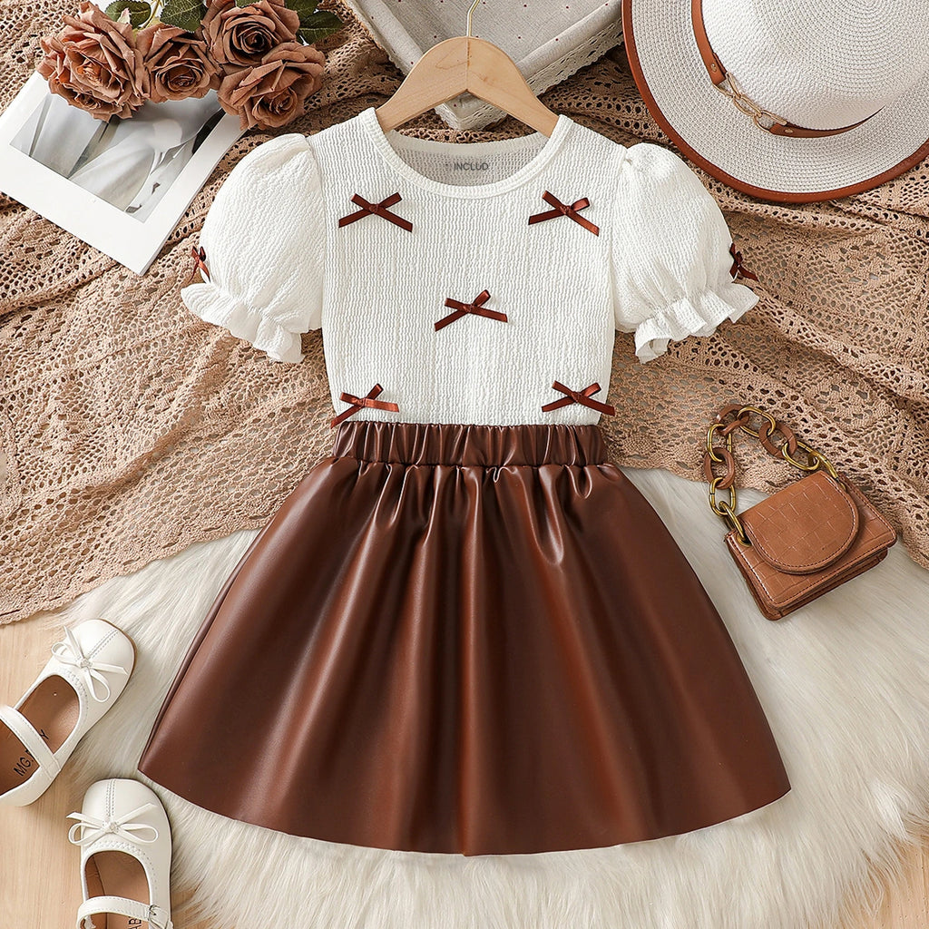 Girls White Textured Bow Applique Top With Faux Leather Skirts Set Sets White 3-4 Y