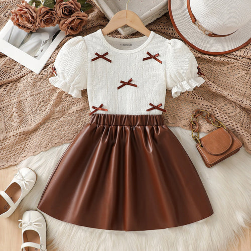 Girls White Textured Bow Applique Top With Faux Leather Skirts Set Sets White 3-4 Y