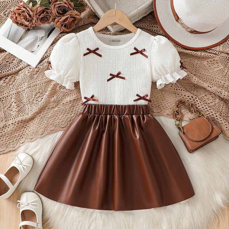 Girls White Textured Bow Applique Top With Faux Leather Skirts Set Sets White 3-4 Y