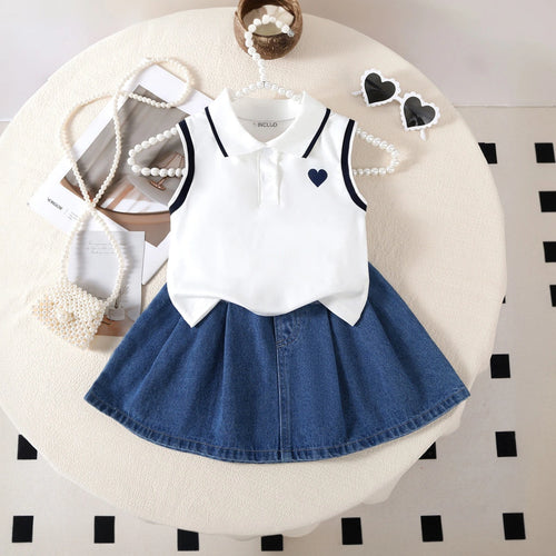 Girls White Heart Print Sleeveless Polo Top With Denim Skirt Sets 2 pc. Sets White 3-4 Y