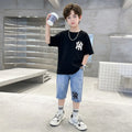 Boys Black Printed Drop Shoulder T-Shirt With Denim Capri Sets Sets Black 5-6 Y