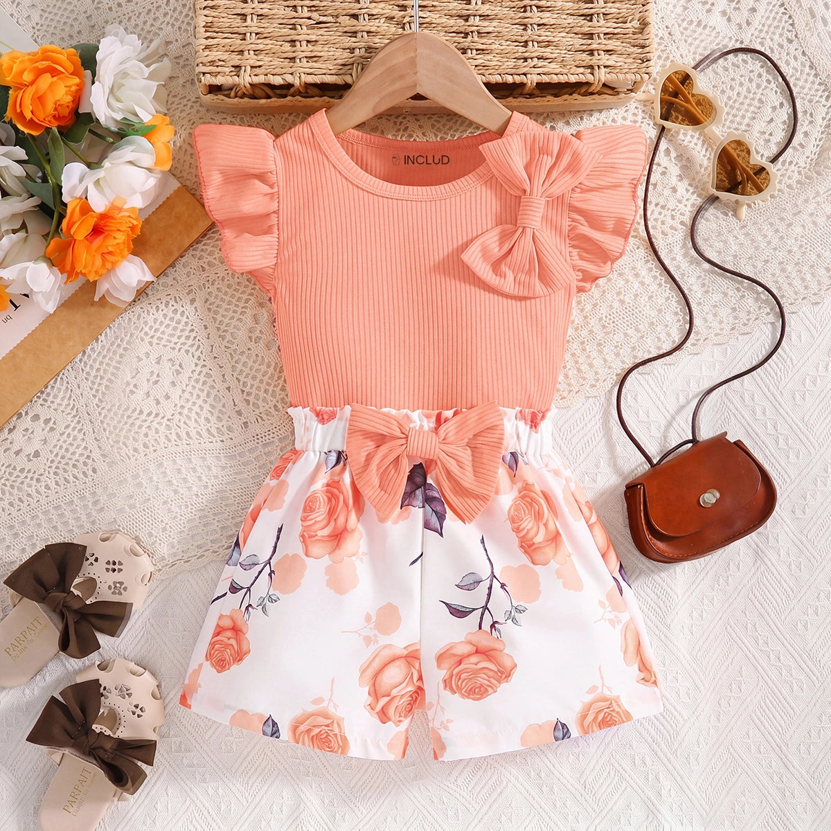 Girls Peach Floral Print Flutter Sleeve Romper Playsuits Peach 3-4 Y