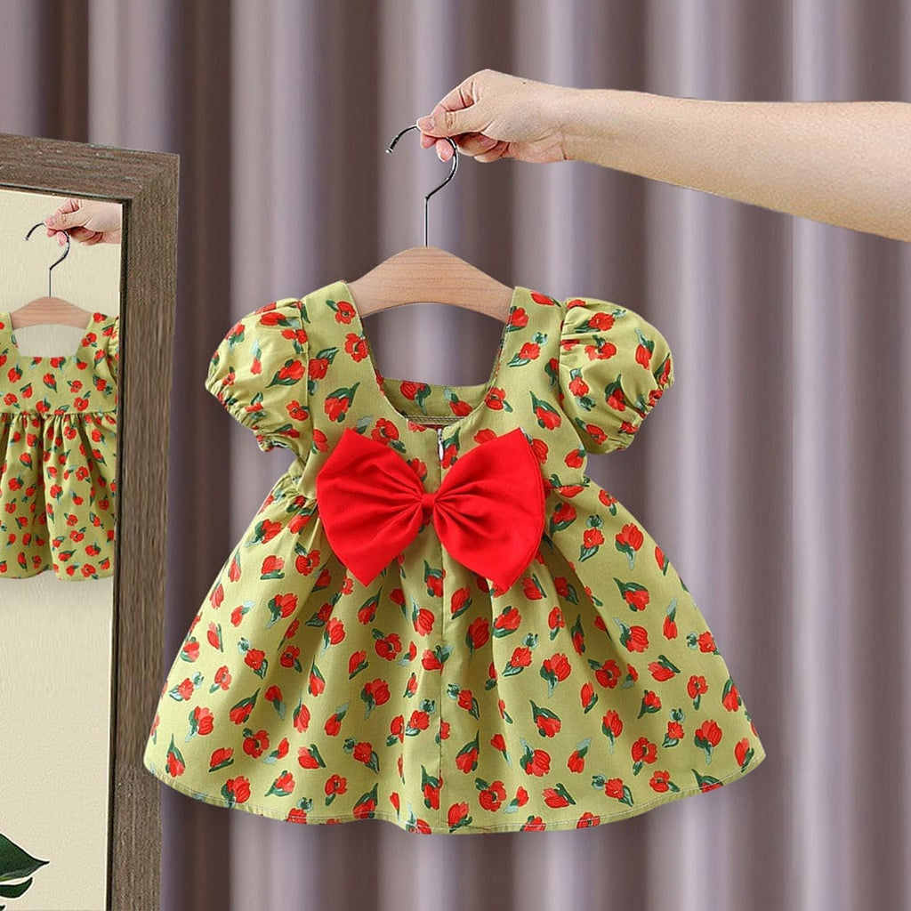 Girls Puff Sleeve Floral Print Dress With Bow