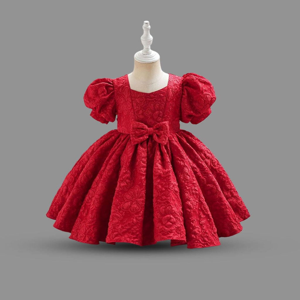 Girls Puff Sleeve Texture Fit & Flare Party Dress