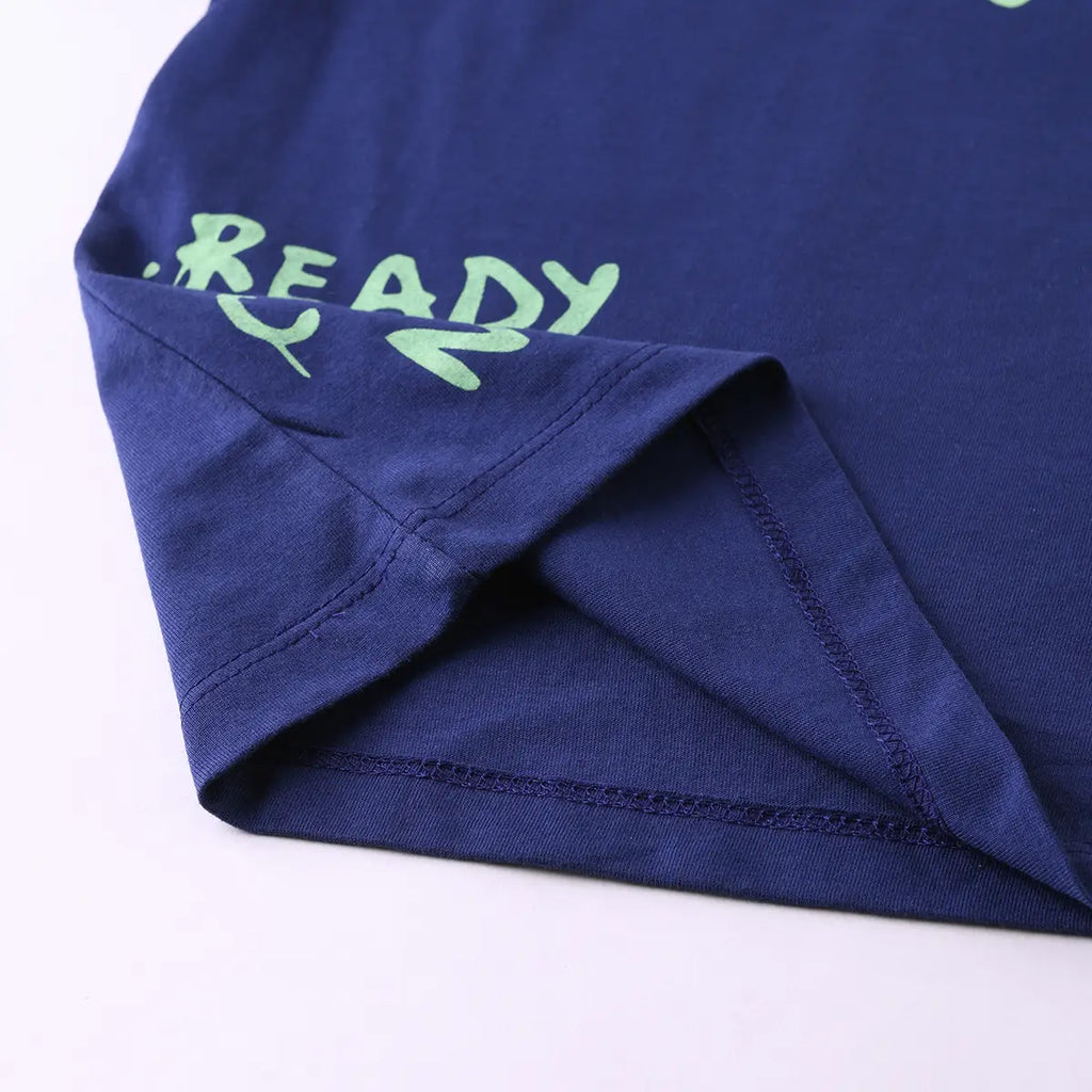 Boys Navy Blue Typographic Short Sleeve T-Shirt With Checked Shorts Sets Sets