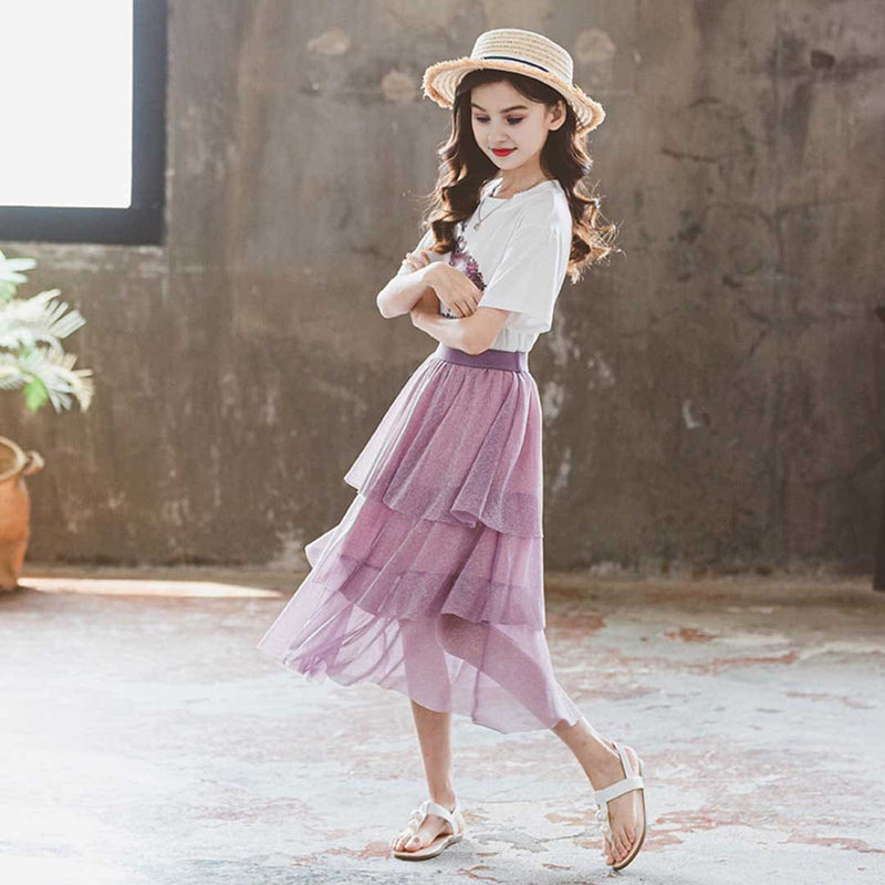 Girls Short Sleeve Graphic Print T-Shirt With Long Skirt Set 2 pc. Sets   