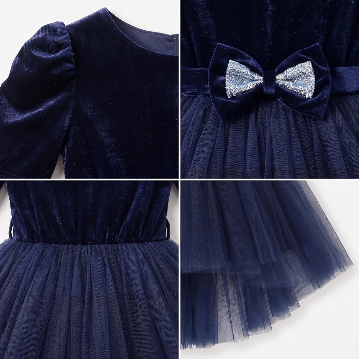 Girls navy blue party dress with puff sleeves and bow